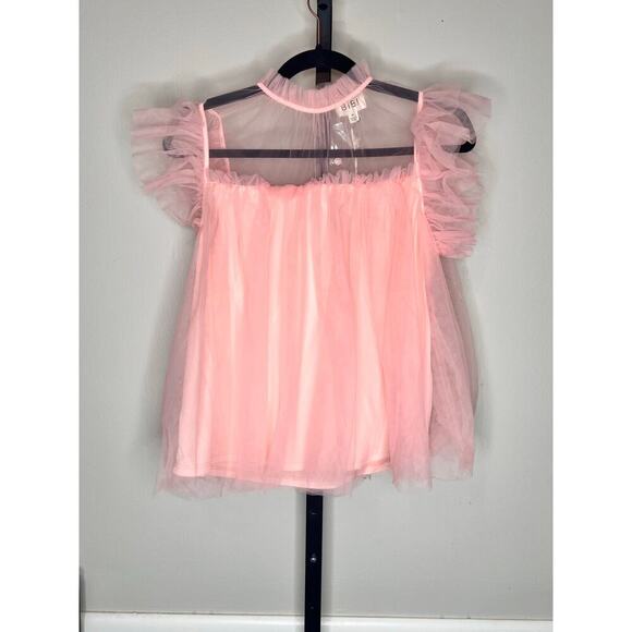 Bibi Flutter Sleeve High Neck Chiffon Blouse Top Pink Women's Size Medium NWT - Picture 2 of 6